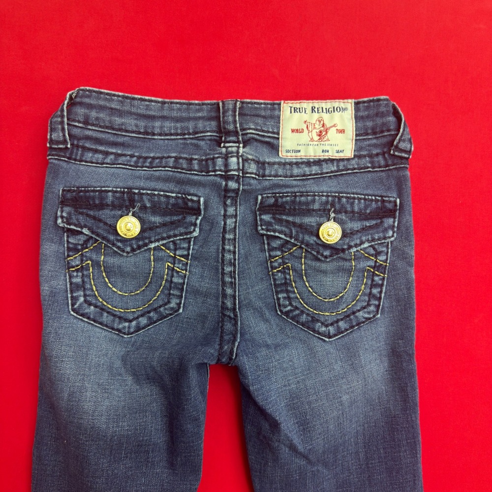 True Religion Mens Skinny Jeans Dark Wash Yellow Stitch Flap Pocket Size 25